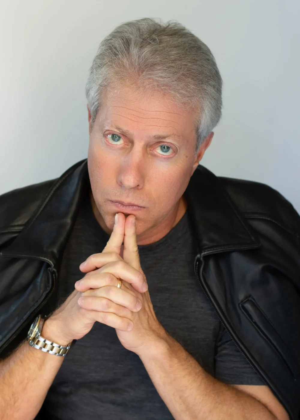 Scott Shimberg leather coat on shoulders PNG